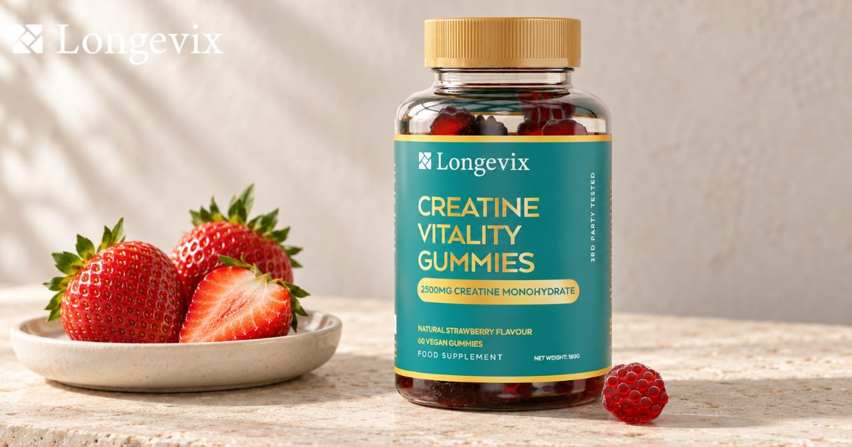 Longevix Creatine Vitality Gummies bottle with strawberries and matching red gummies on a pale stone surface