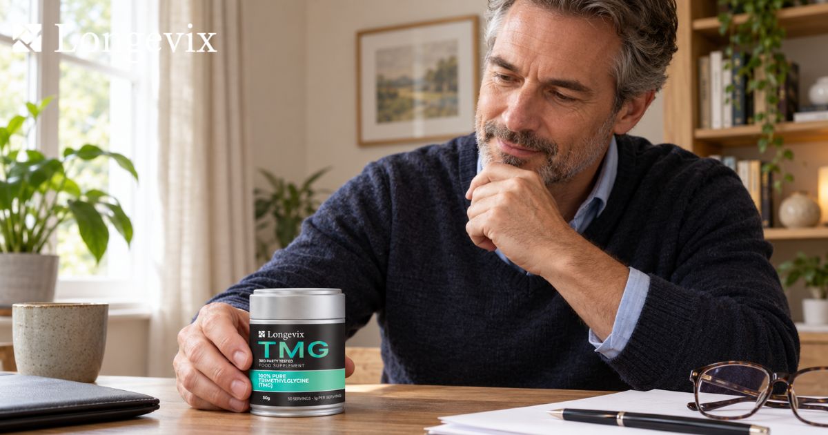 Adult reviewing a Longevix TMG Powder 50g tin beside reading glasses and documents at a home desk