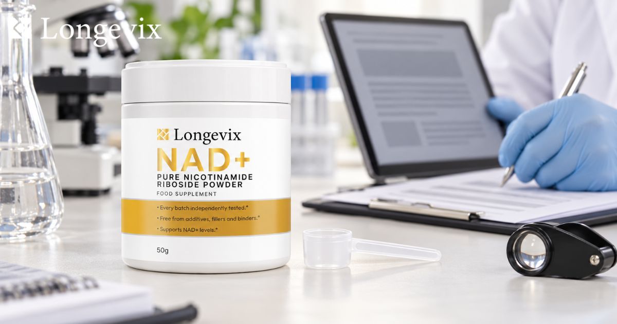 Longevix nicotinamide riboside powder beside a laboratory report and pen