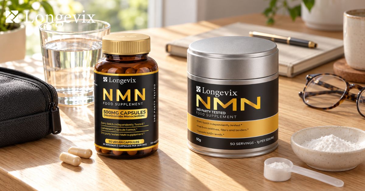 Longevix NMN capsules and NMN powder beside water, measuring scoop and travel bag
