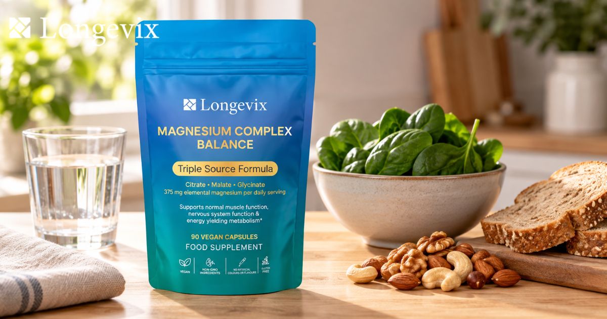 Longevix Magnesium Complex pouch beside spinach, nuts, bread and a glass of water