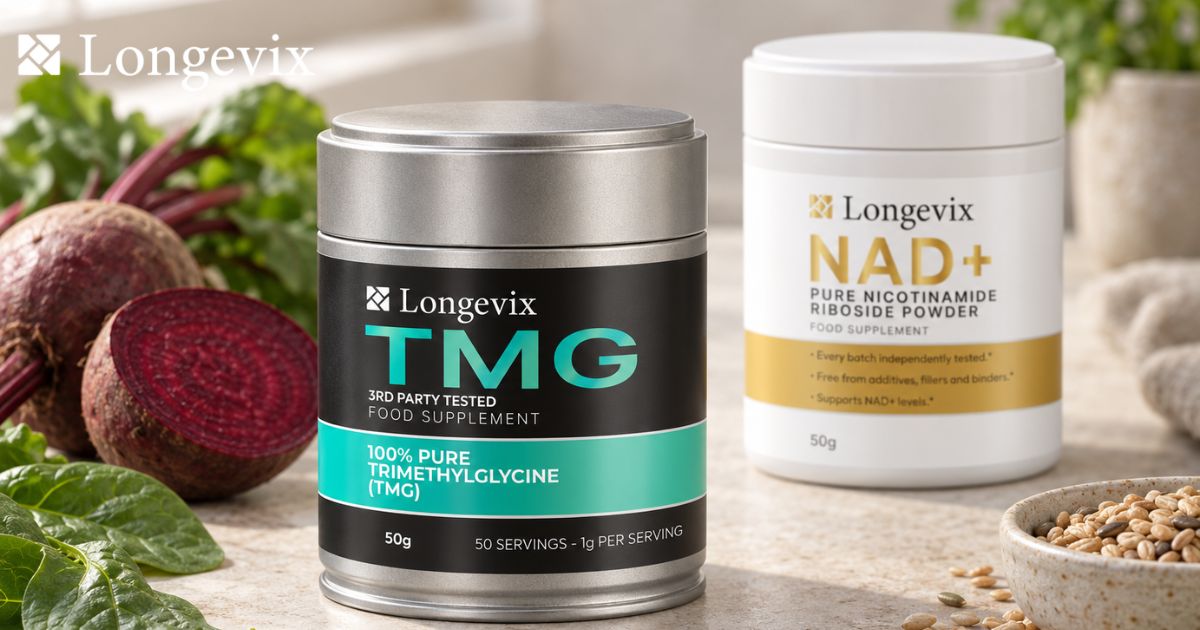 Longevix TMG powder and nicotinamide riboside powder beside beetroot