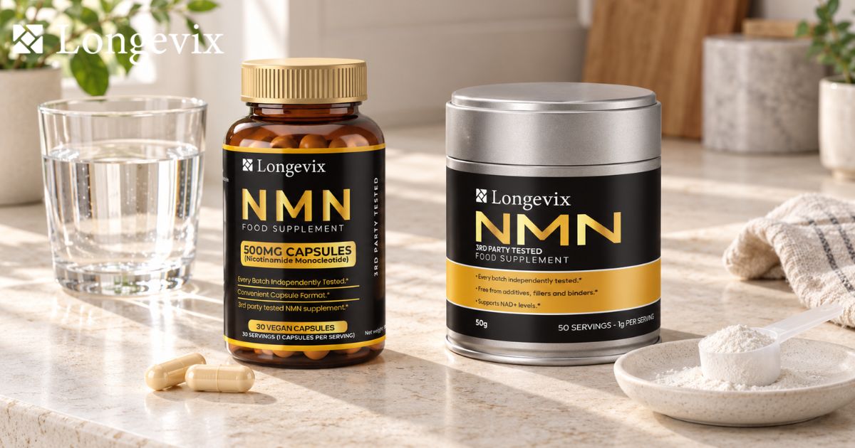 Longevix NMN capsules bottle and NMN powder tub beside a glass of water