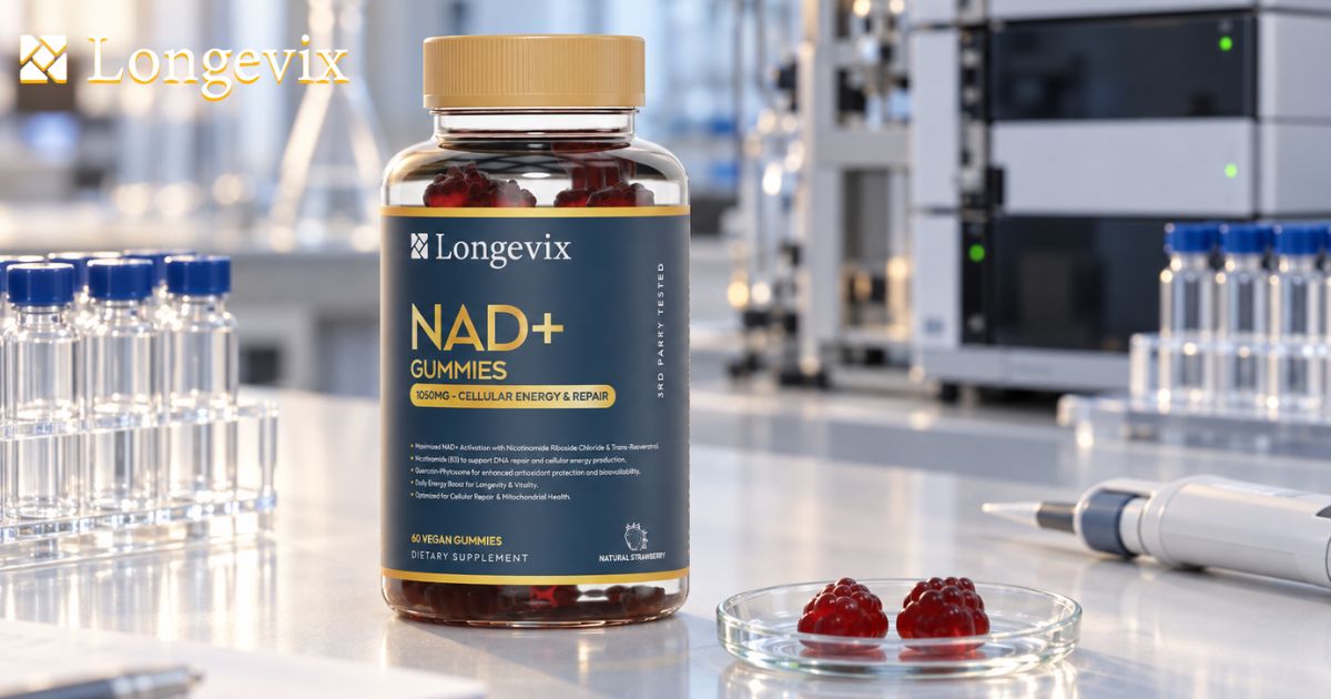 Longevix NAD+ Support Gummies beside laboratory glassware and red gummies