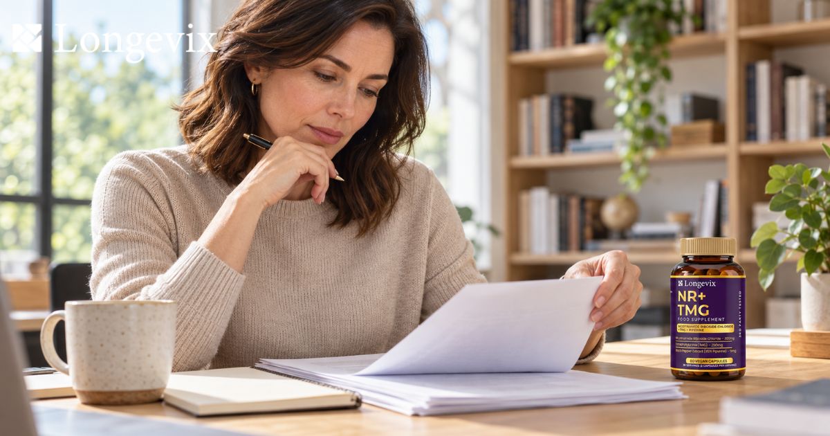 Woman reviewing scientific research at a desk with Longevix NR + TMG Capsules and a notebook nearby