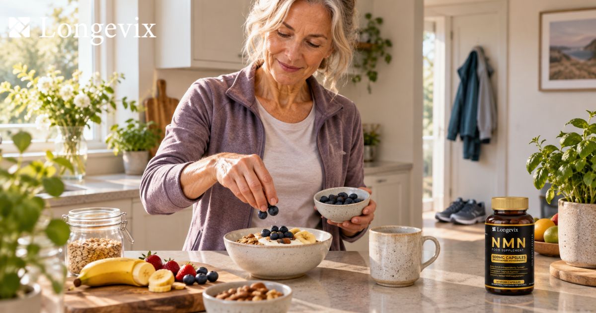 Woman preparing breakfast fruit beside a Longevix NMN capsules bottle