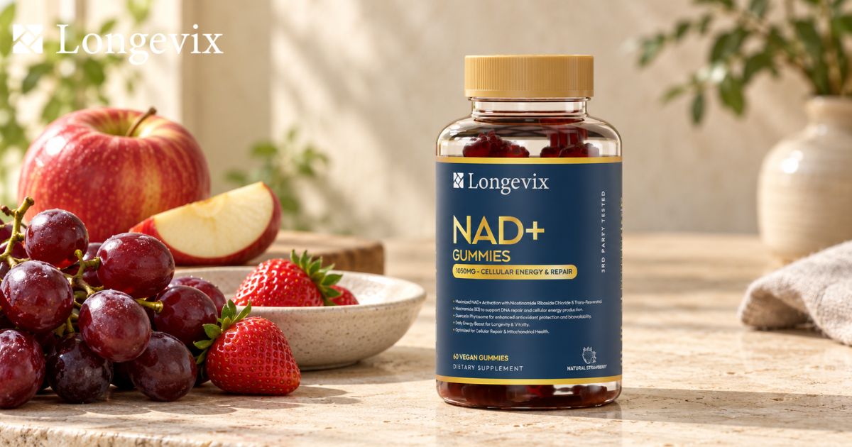 Longevix NAD+ Support Gummies bottle beside grapes, strawberries and an apple in a natural antioxidant themed still life