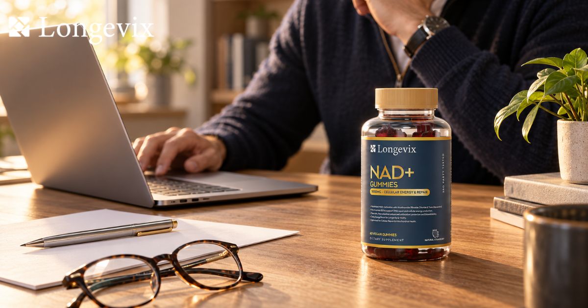 Longevix NAD+ Support Gummies beside a laptop and blank notes during a product information review