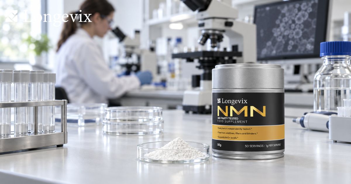 Longevix NMN powder container with a researcher and microscope in the background