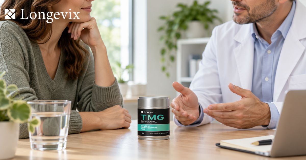 Health professional consulting an adult beside Longevix TMG powder
