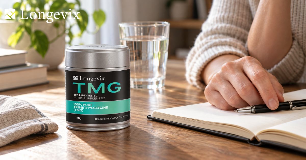 Longevix Pure TMG Powder tin beside an adult's hands and notebook during a supplement label review.