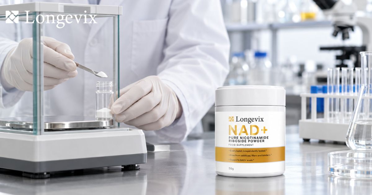Scientist weighing a sample beside Longevix nicotinamide riboside powder
