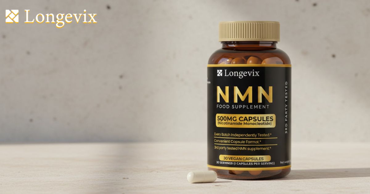 Longevix NMN capsule bottle with one capsule on a pale stone surface in soft natural light.