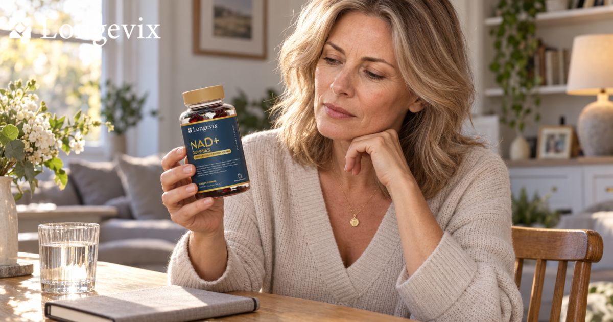 Woman in her fifties examining the Longevix NAD+ Support Gummies bottle at a light filled kitchen table
