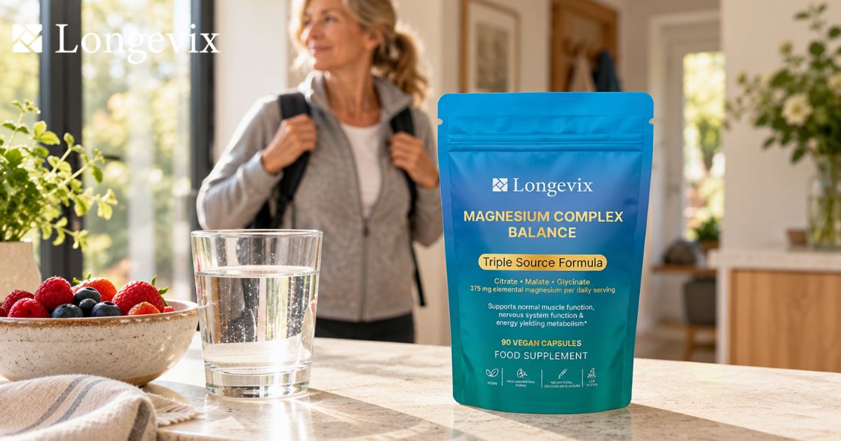 Longevix Magnesium Complex 3 in 1 pouch on a kitchen counter as an adult prepares for a morning walk