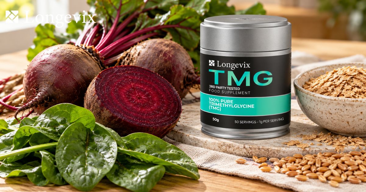 Longevix TMG Powder 50g tin with beetroot, spinach, wheat bran and grains as dietary sources of betaine