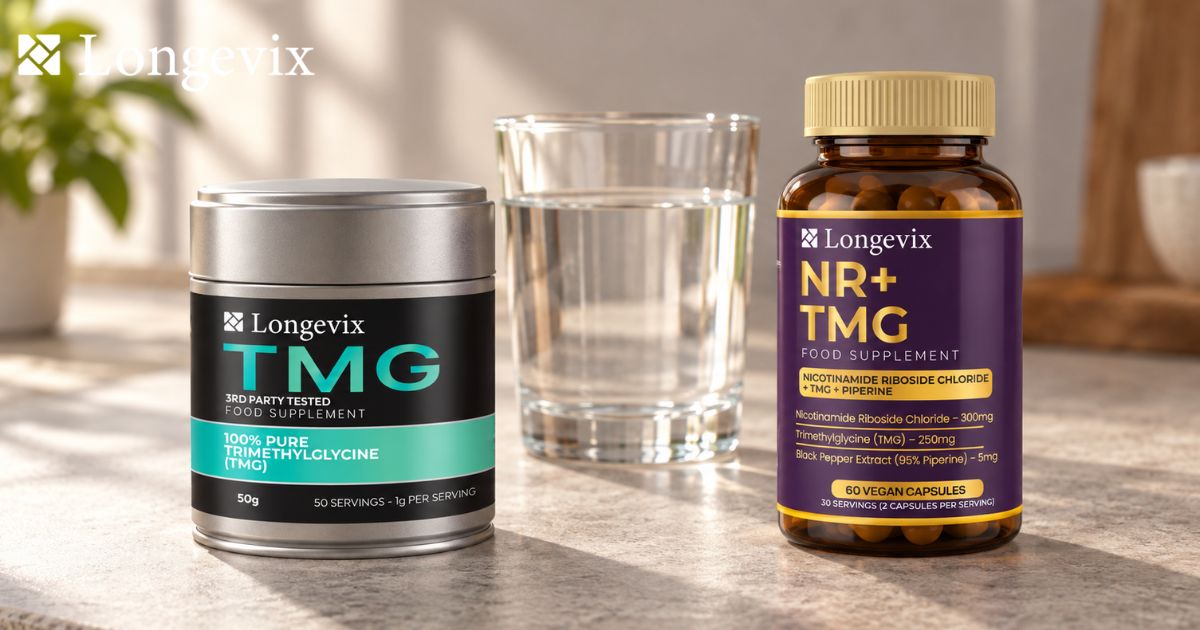 Longevix TMG powder and NR plus TMG capsules beside a glass of water