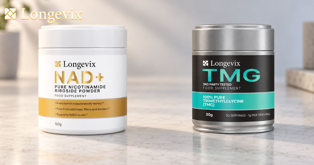 Longevix nicotinamide riboside powder and TMG powder on a bright table