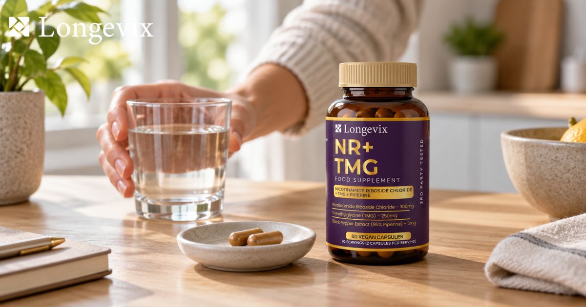 Longevix NR and TMG capsules beside a glass of water and loose capsules