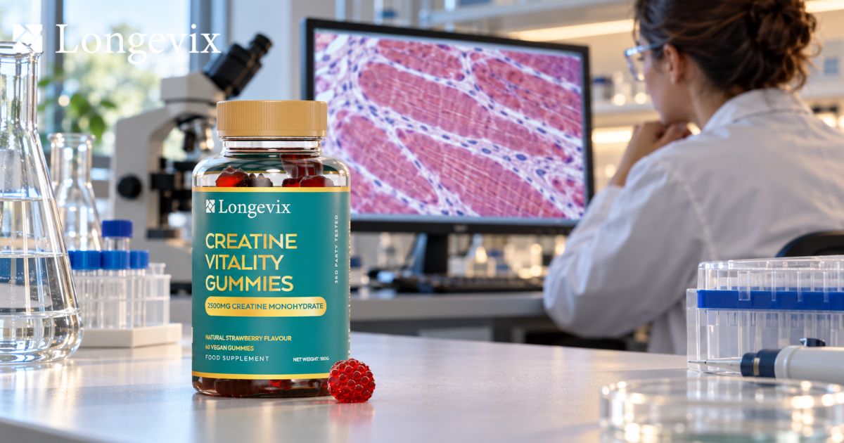 Longevix Creatine Vitality Gummies in front of a lab researcher examining a screen
