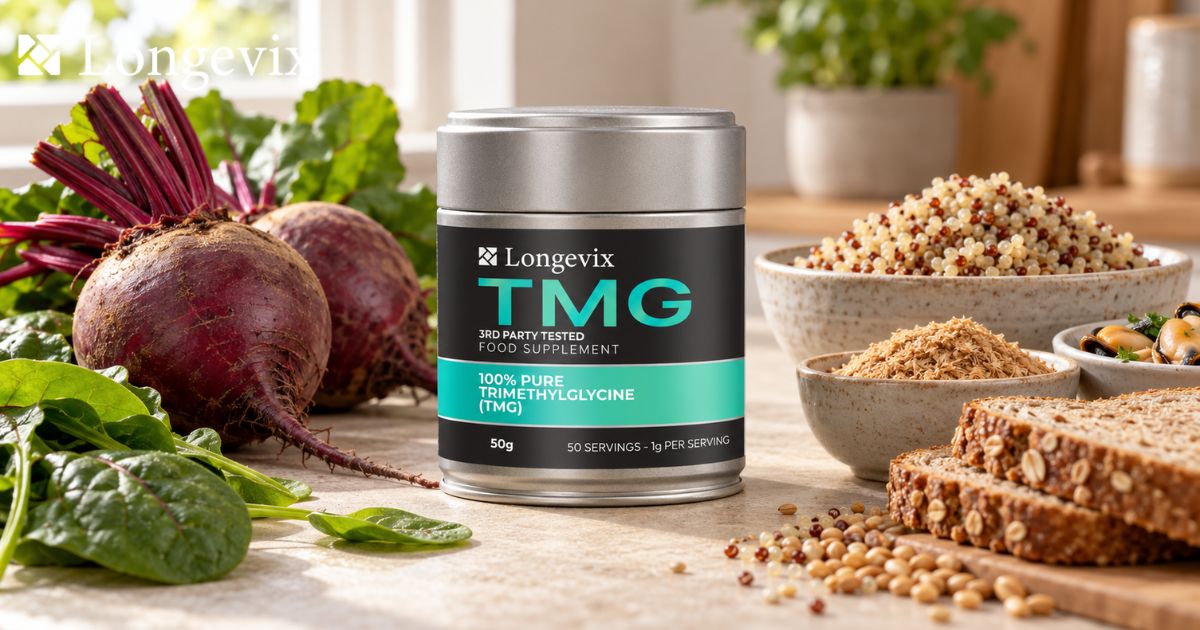 Longevix TMG powder beside beetroot, spinach and wholegrain foods