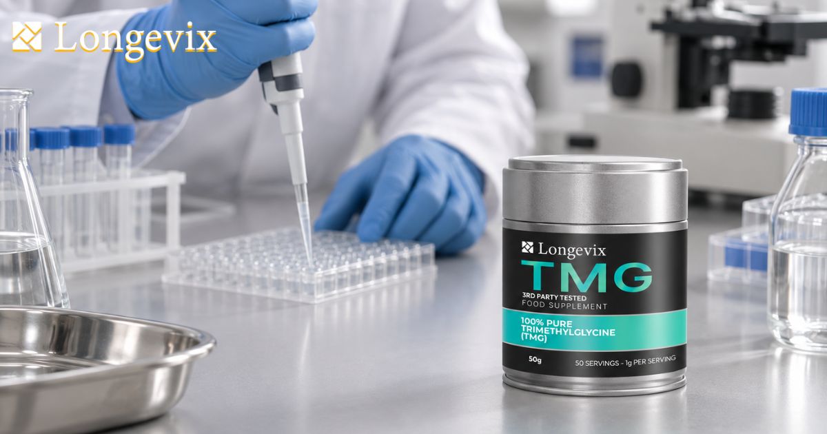 Scientist working with a sample beside Longevix TMG powder in a laboratory