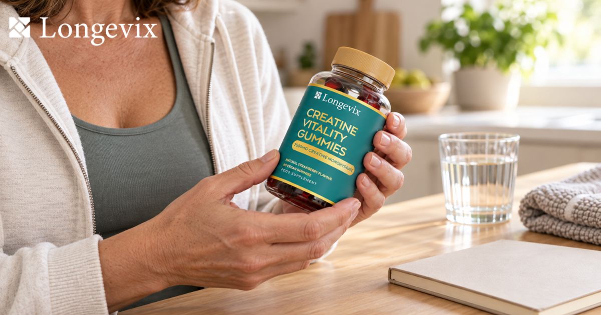 Woman holding Longevix Creatine Vitality Gummies beside a glass of water