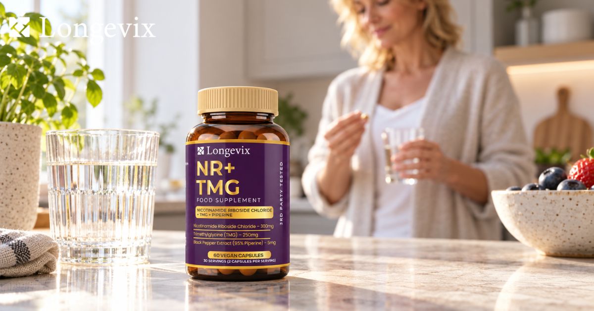 Longevix NR and TMG capsules bottle beside water in a bright kitchen
