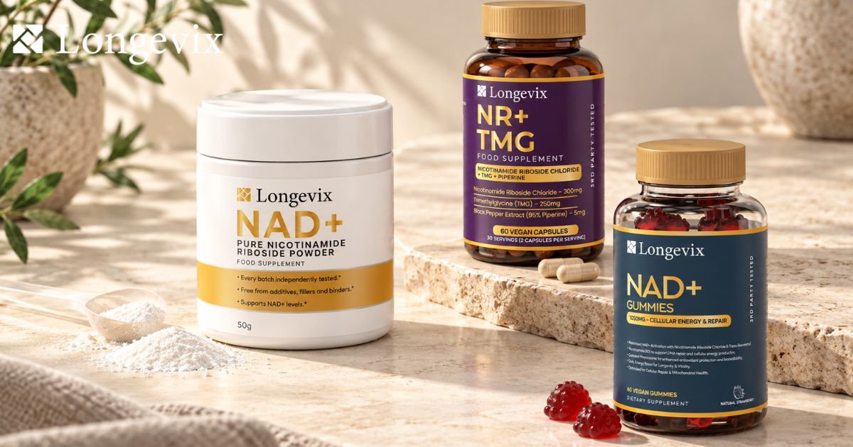 Longevix NR powder, NR plus TMG capsules and NAD+ Gummies displayed together