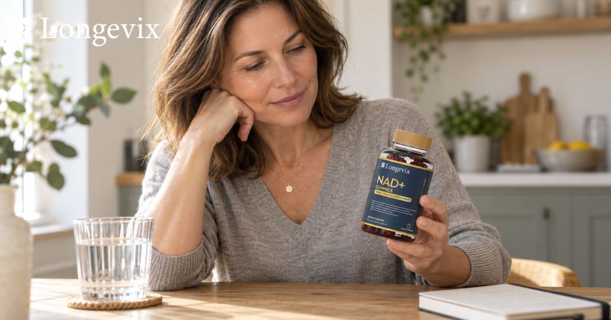 Adult reviewing Longevix NAD+ Support Gummies at a kitchen table with a glass of water