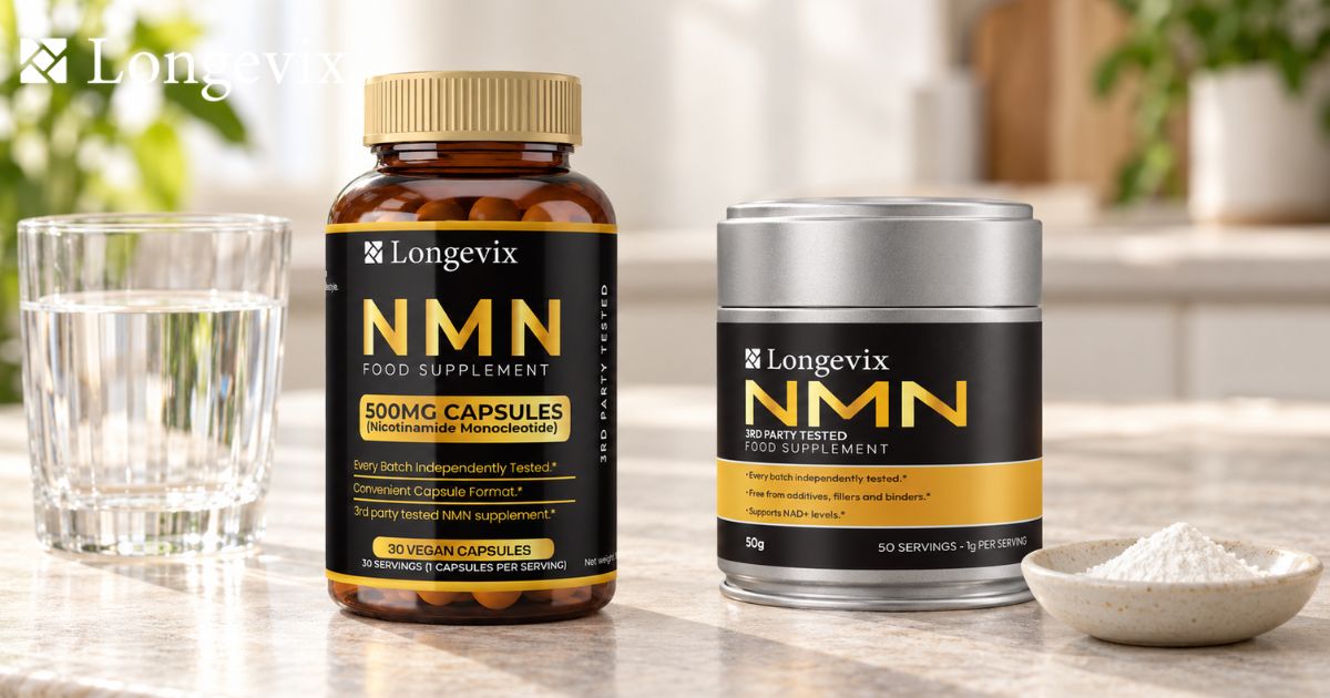 Longevix NMN capsules and NMN powder containers beside a glass of water