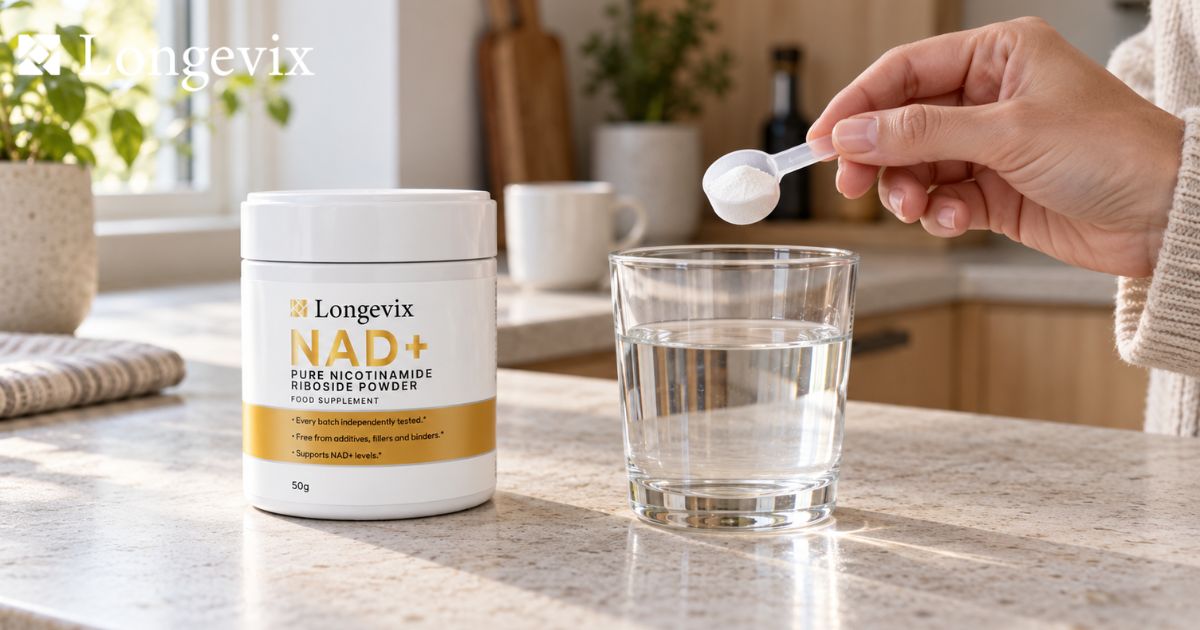 Longevix nicotinamide riboside powder with scoop and water glass at home