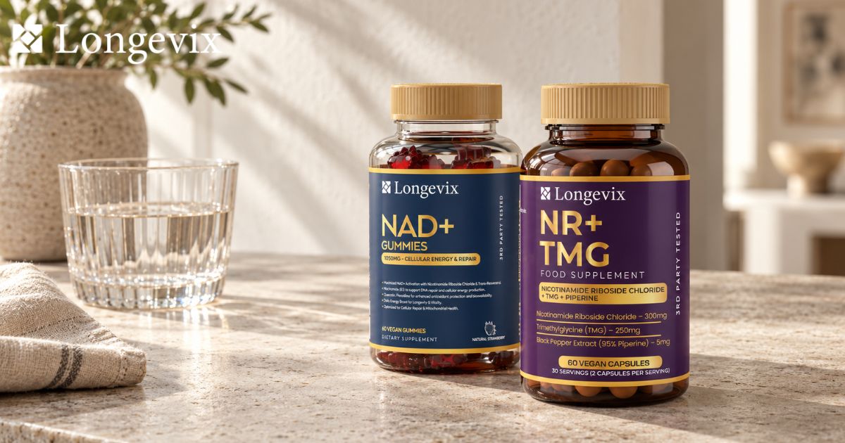Longevix NR + TMG Capsules and NAD+ Support Gummies on a softly lit stone counter with a glass of water