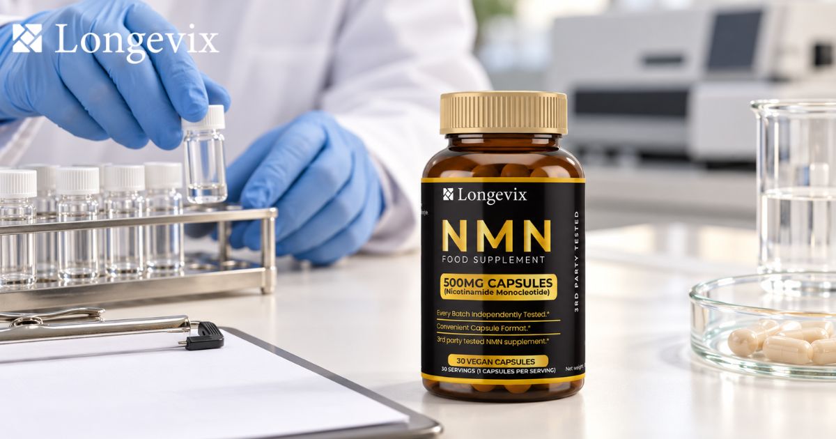 Longevix Pure NMN Capsules beside laboratory sample equipment in an editorial scene about supplement quality testing