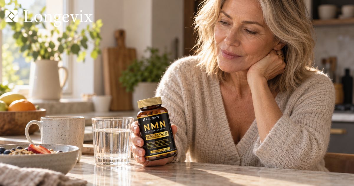Mature adult with Longevix Pure NMN Capsules 500mg and water in a bright morning kitchen.