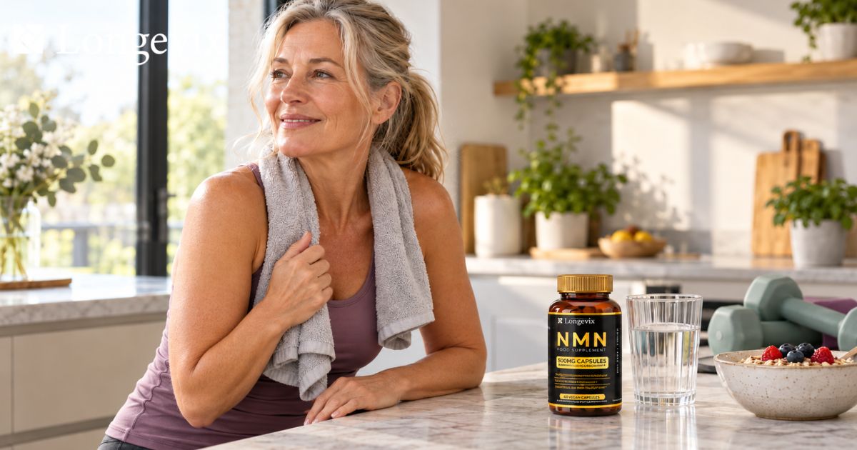 Woman wearing activewear at a kitchen counter beside Longevix NMN capsules