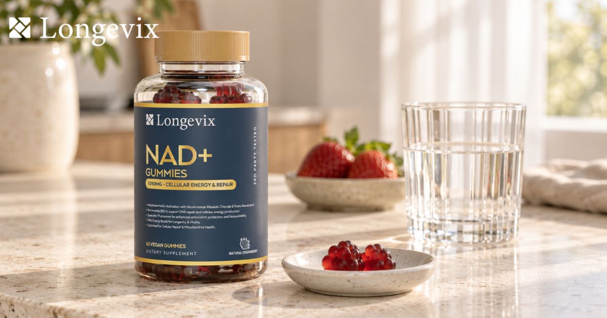 Longevix NAD+ Support Gummies beside raspberries and drinking water