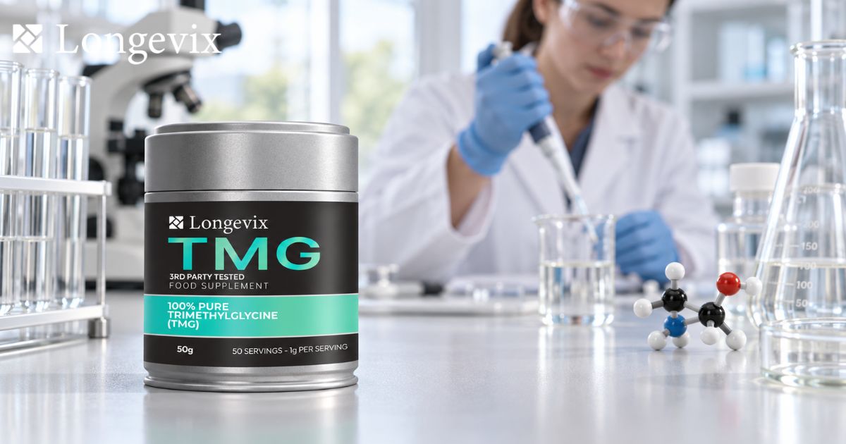 Longevix TMG powder in a laboratory with a scientist using a pipette