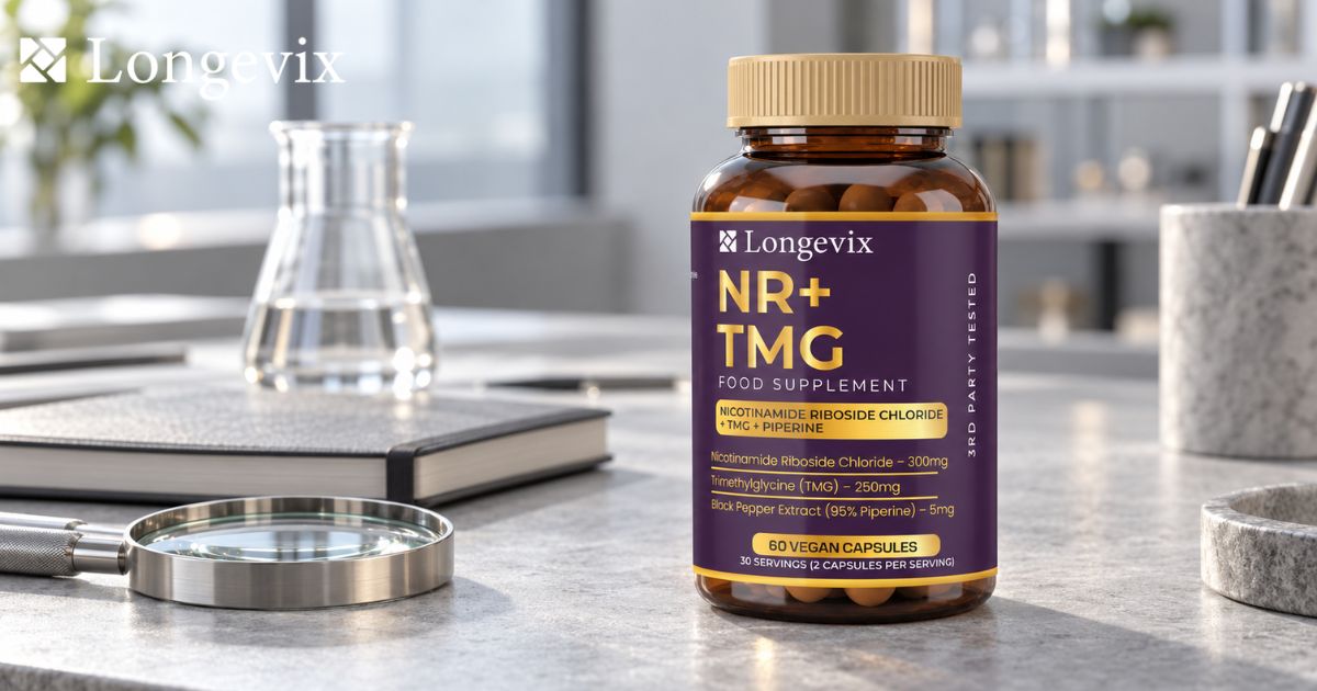 Longevix NR + TMG Capsules on a tidy research desk beside a closed notebook and clear glassware