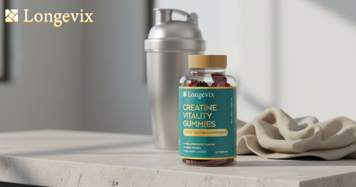Longevix Creatine Vitality Gummies in a clean gym setting beside a towel and shaker.