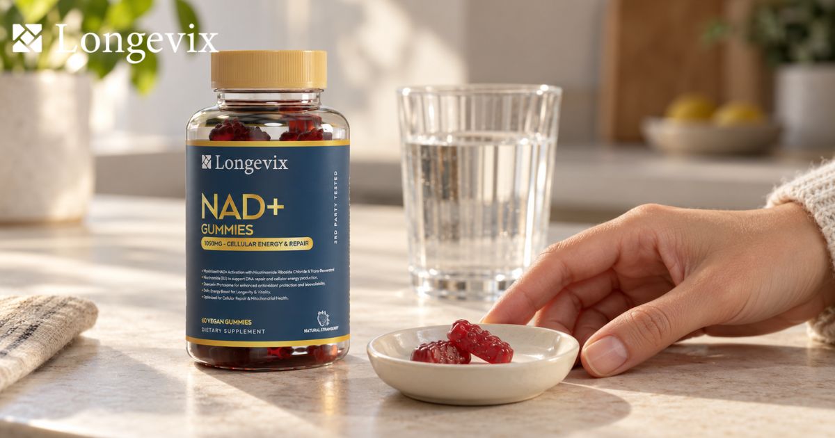 Longevix NAD+ Support Gummies bottle beside two red gummies in a ceramic dish and a glass of water