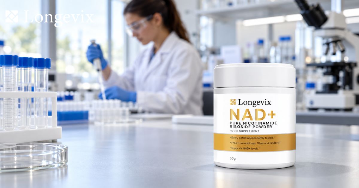 Longevix nicotinamide riboside powder in a laboratory with a researcher using a pipette