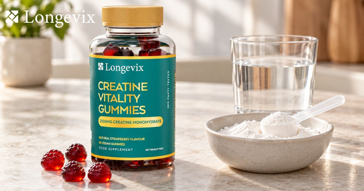 Longevix Creatine Vitality Gummies beside plain creatine powder and water in a gummies versus powder comparison