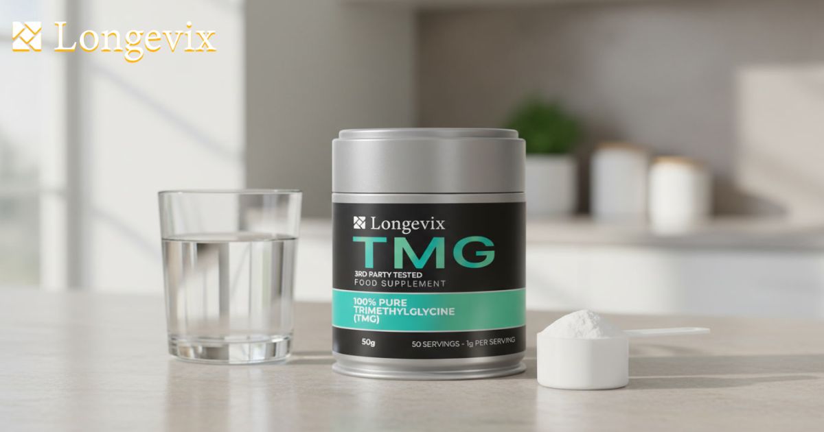 Longevix Pure TMG Powder tin with measuring scoop and water on a clean stone surface.