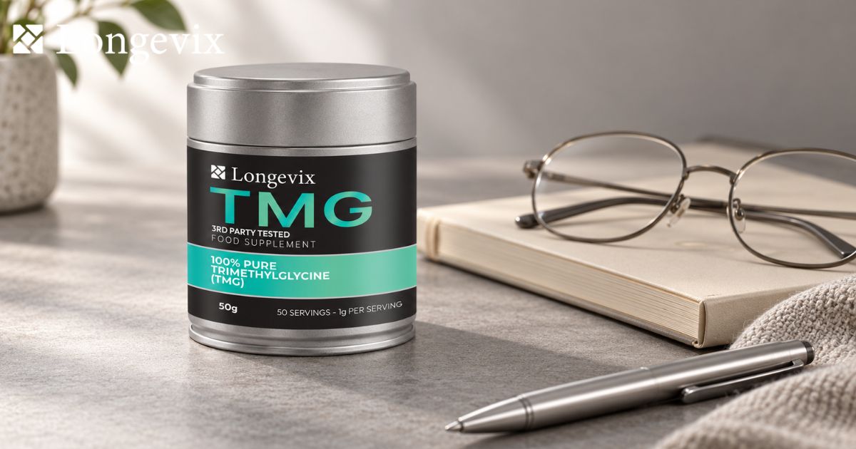 Longevix Pure TMG Powder 50g tin beside reading glasses and a notebook in a minimalist editorial setting