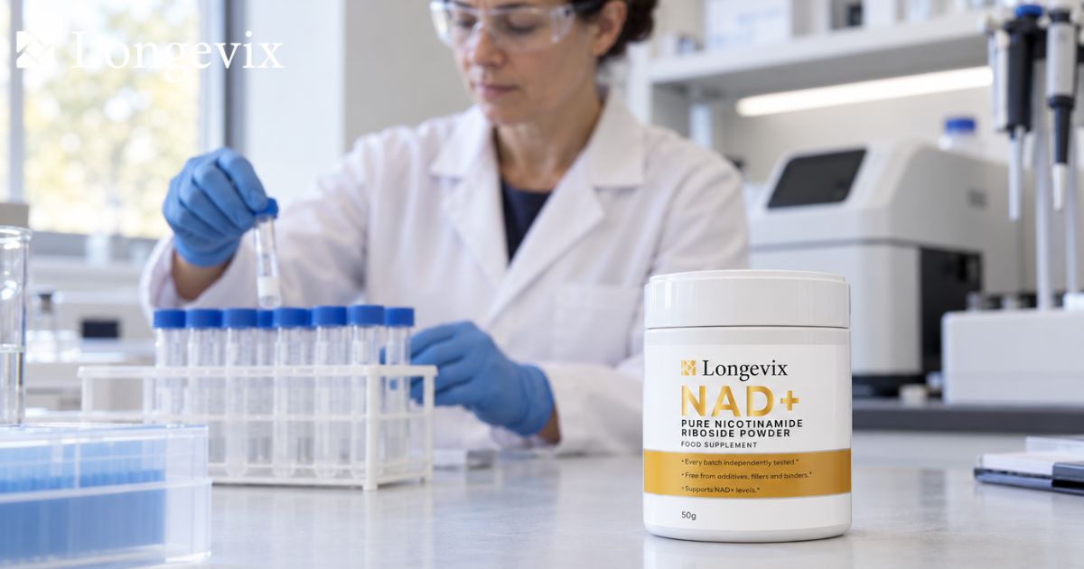 Scientist working beside Longevix nicotinamide riboside powder in a laboratory