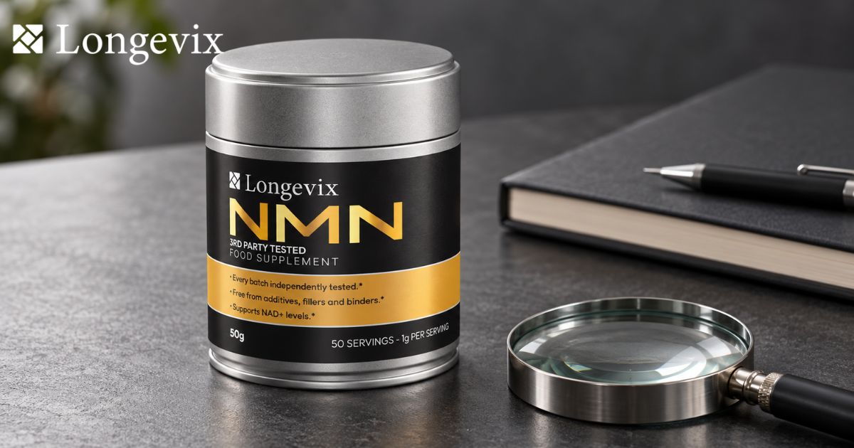 Longevix Pure NMN Powder 50g tin on a desk with a magnifying glass and notebook for supplement label review