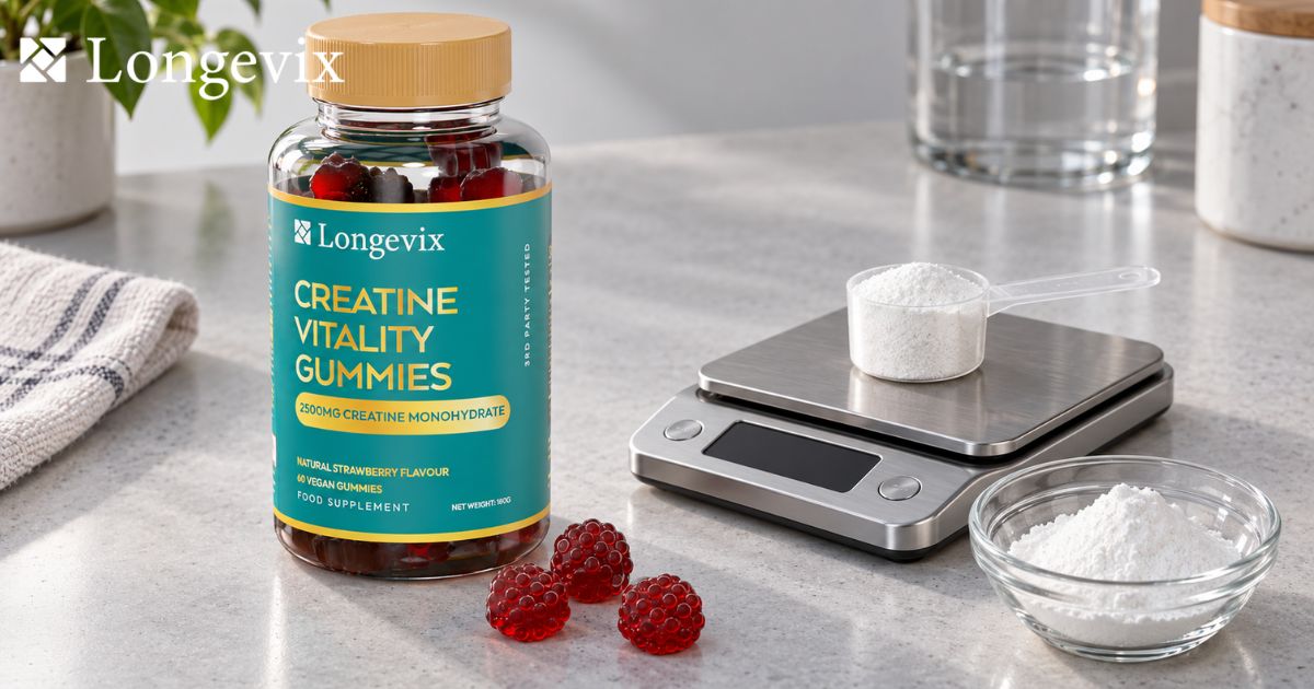 Longevix Creatine Vitality Gummies beside red gummies, white powder and digital scale