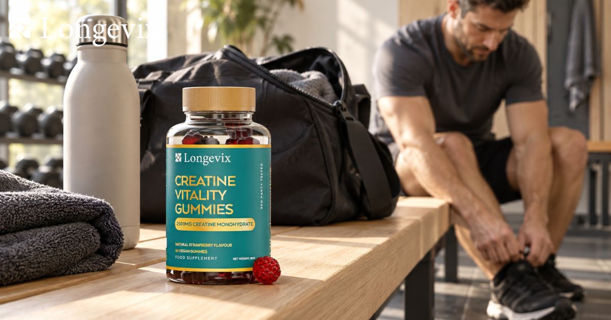 Longevix Creatine Vitality Gummies beside a gym bag and water bottle before a resistance-training session.