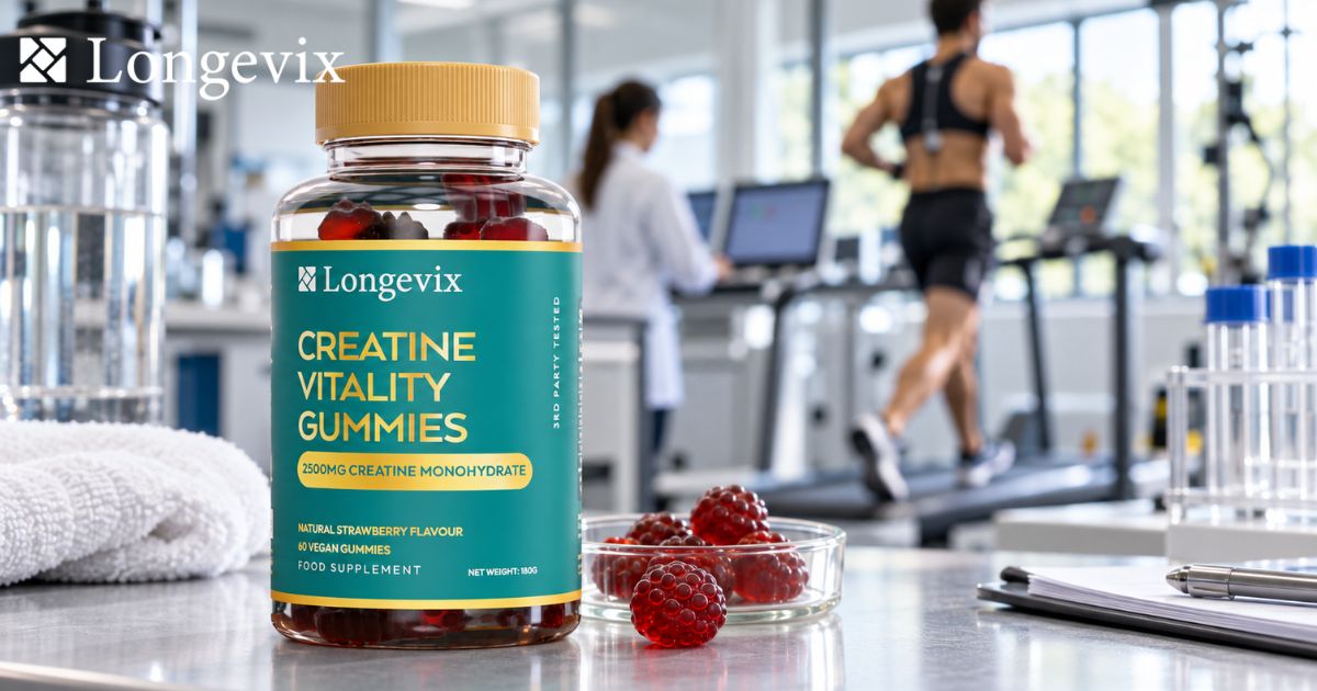 Longevix Creatine Vitality Gummies on a lab bench with a runner on a treadmill in the background